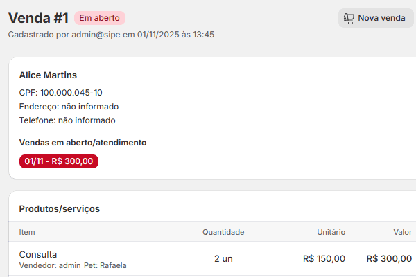 Demonstração da funcionalidade PDV
