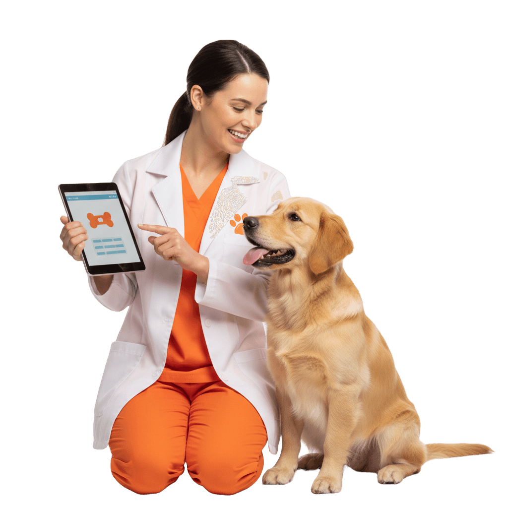 Veterinário mostrando o app de pets para o cachorro