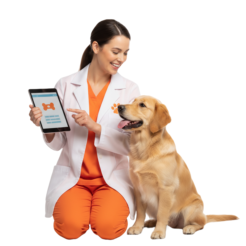 Veterinário mostrando o app de pets para o cachorro